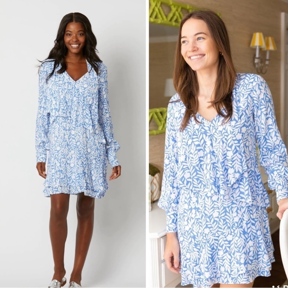 NWT Sail to Sable Floral Vin Tie Front Mini Dress Long Sleeve Blue White Sz M